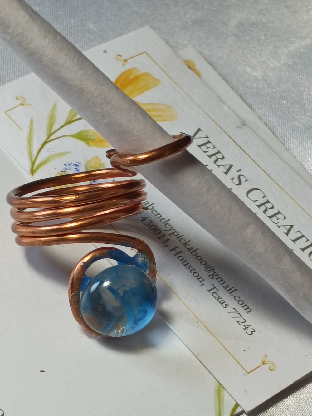 Copper Spiral Ring with Blue Glass Stone - Picture 7 of 12